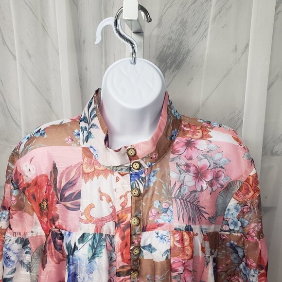 NWOT Cutely Covered Pink Floral Patchwork Boho High Neck Mini Dress Tunic 3X - Picture 2 of 12